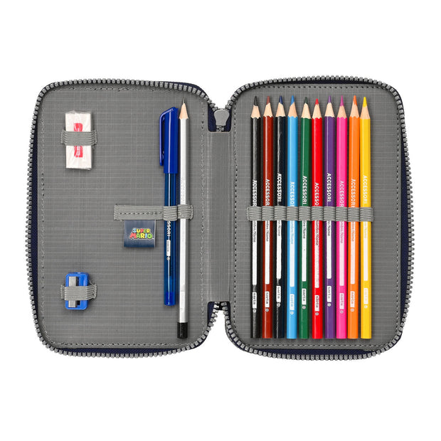 Double Pencil Case Super Mario Navy Blue 12.5 x 19.5 x 4 cm (28 Pieces)