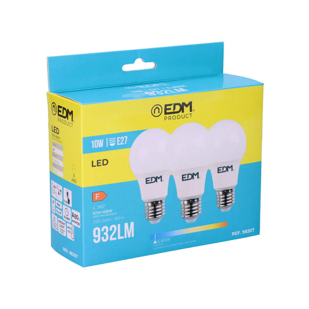 Pack of 3 LED bulbs EDM F 10 W E27 810 Lm Ø 6 x 10,8 cm (6400 K)