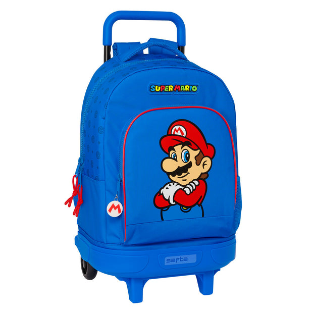 School Rucksack with Wheels Super Mario Play Blue Red 33 X 45 X 22 cm