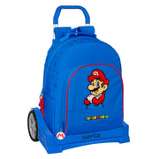 School Rucksack with Wheels Super Mario Play Blue Red 32 x 42 x 15 cm