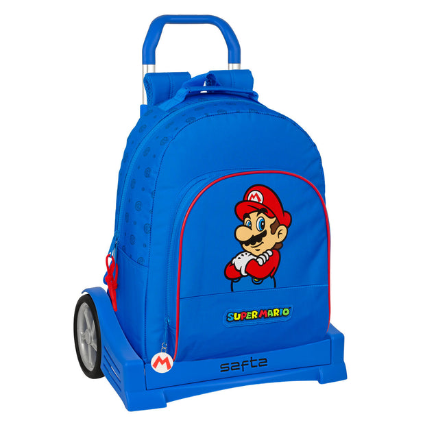School Rucksack with Wheels Super Mario Play Blue Red 32 x 42 x 15 cm