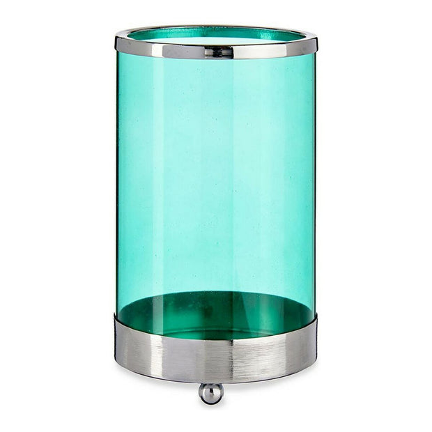 Candleholder Silver Blue Cylinder Metal Glass (9,7 x 16,5 x 9,7 cm)