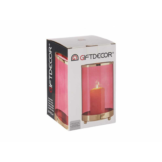 Candleholder Pink Golden Cylinder Metal Glass (12,2 x 19,5 x 12,2 cm)